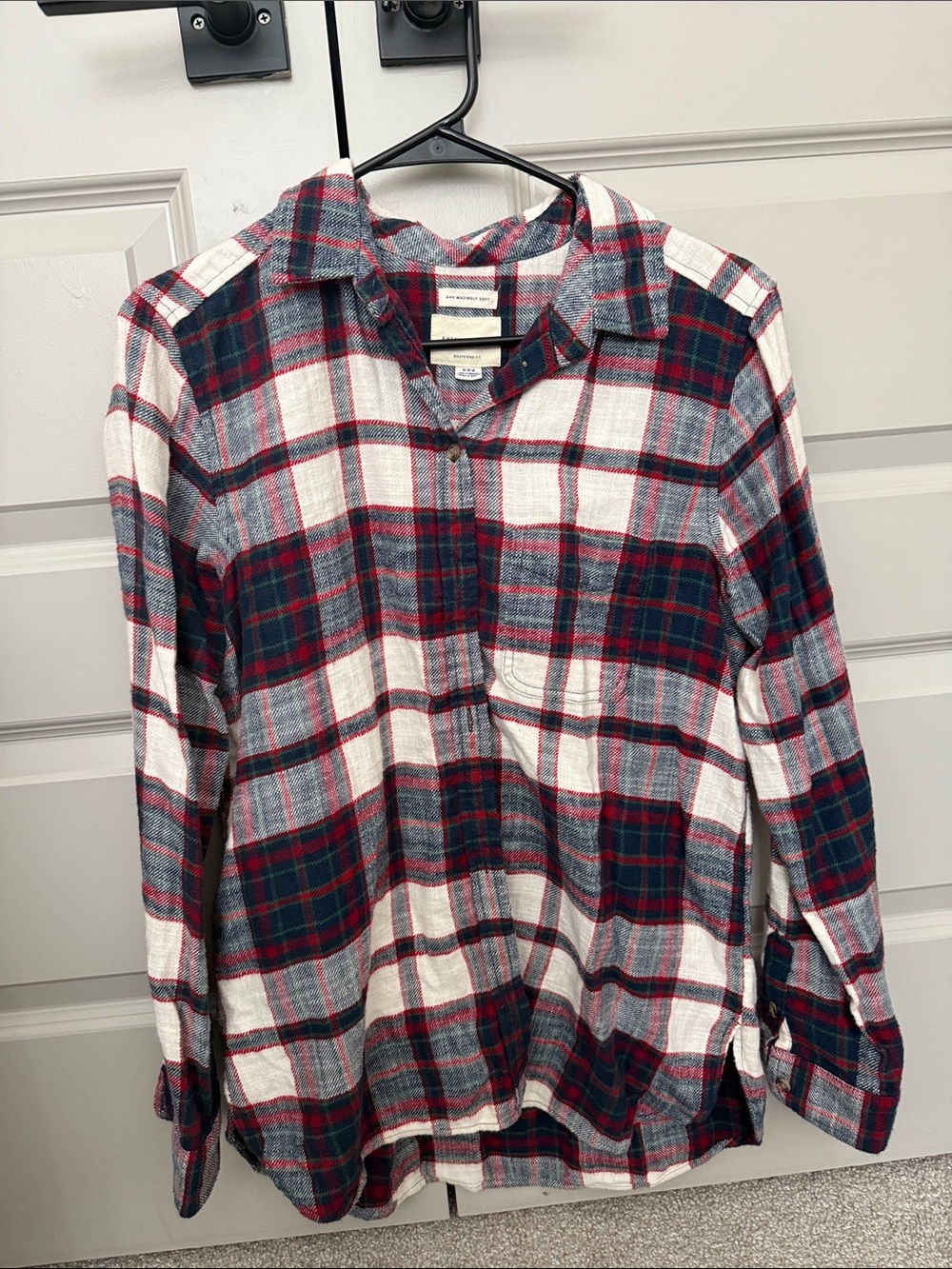 Women’s Plaid Button-Up Shirt in White, Navy & Red